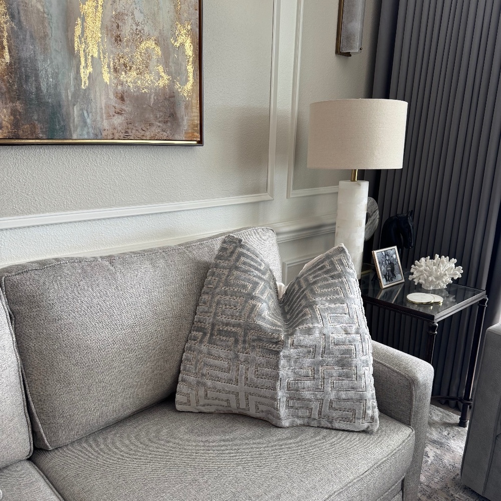 Set of 2 Z Gallerie 24x24 Velvet Greek Key Pillow Covers  Light Gray